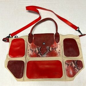 Longchamp Red Patches Snakeskin Small-Medium Overnight Tote Bag